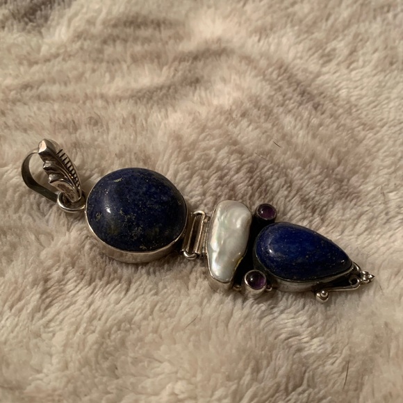 Sterling Silver Mother of Pearl Blue Stone Pendant - Picture 3 of 4